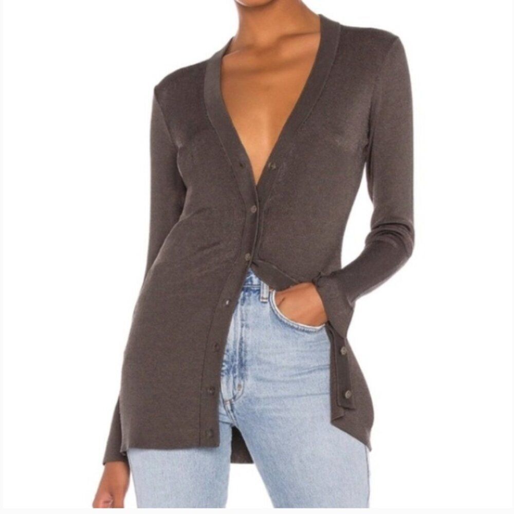 L'AGENCE Lucas Longline Cardigan Dark Grey Button Down V-Neckline Sweater L